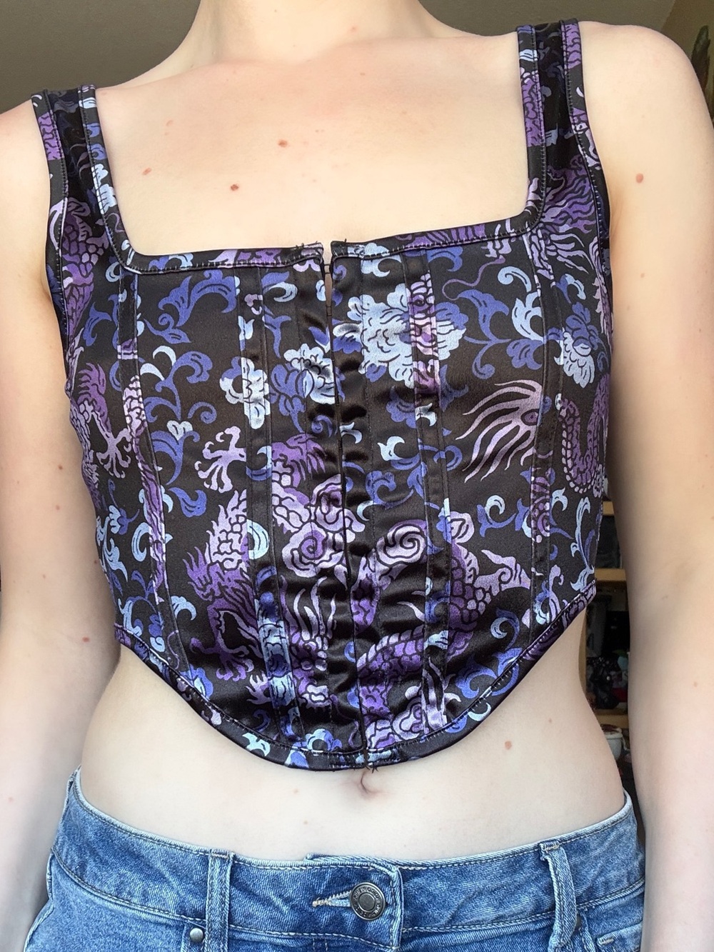 Motel Rocks Black & Purple Satin Dragon Print Corset Top